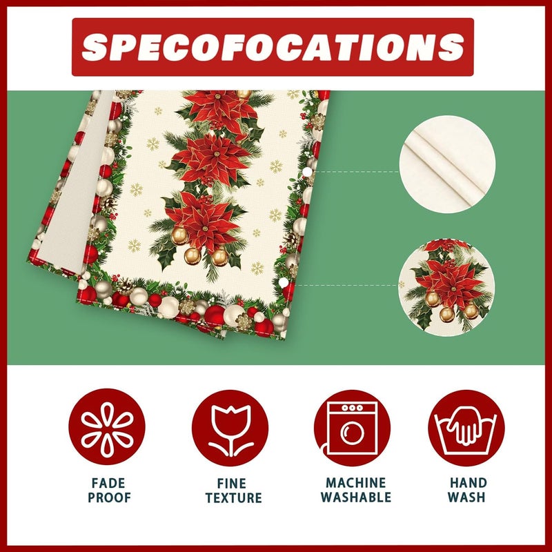 XCHI Christmas Poinsettias Leaves Bells Snowflakes Winter Xmas Table Runner Table Decoration for Home Kitchen Dining Holiday Decor 13x60 Inch - Image 5